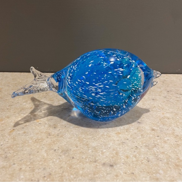 Other - Vintage Swedish Blown Glass Puffer Fish Blue White Sommerso Figurine Paperweight